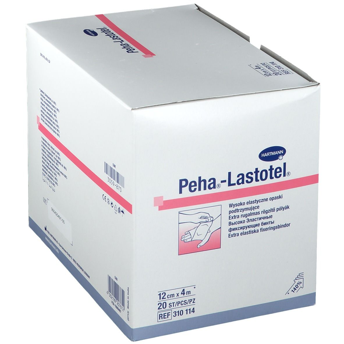 Boîte blanche avec nom et logo du produit. Bandes roses et texte. 12cm x 4m, 20 pièces. Réf. 310 114.