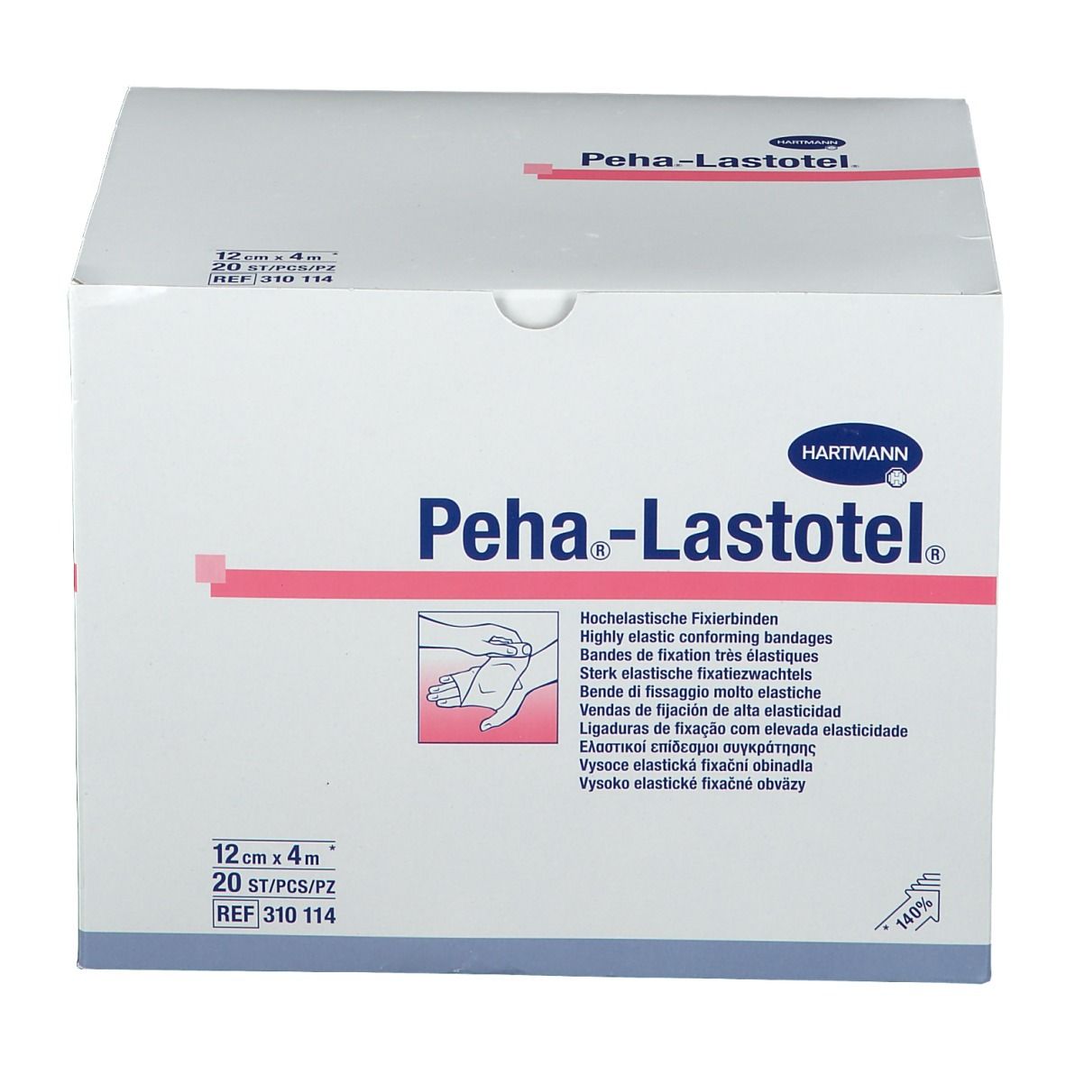 Boîte blanche avec nom et logo du produit. Bandes roses et texte. 12cm x 4m, 20 pièces. Réf. 310 114.