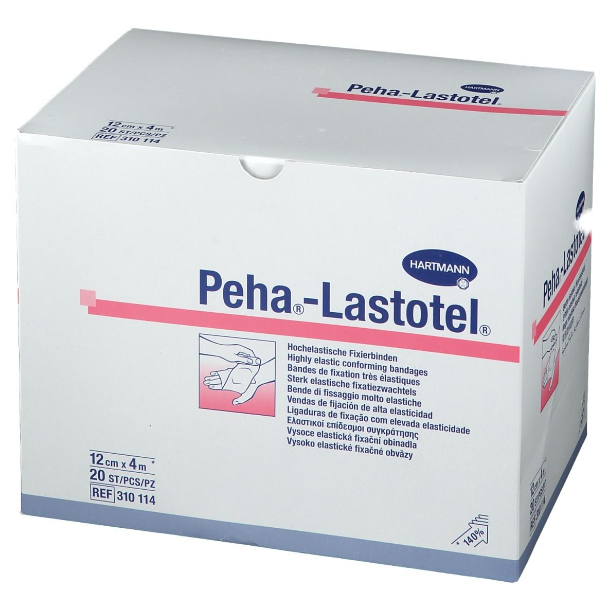 Boîte blanche avec nom et logo du produit. Bandes roses et texte. 12cm x 4m, 20 pièces. Réf. 310 114.