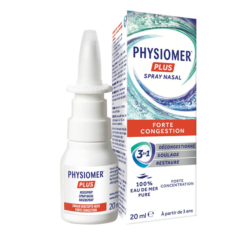 PHYSIOMER Sinus Spray Nasenspray avec emballage. Inscription française, motif de vagues.