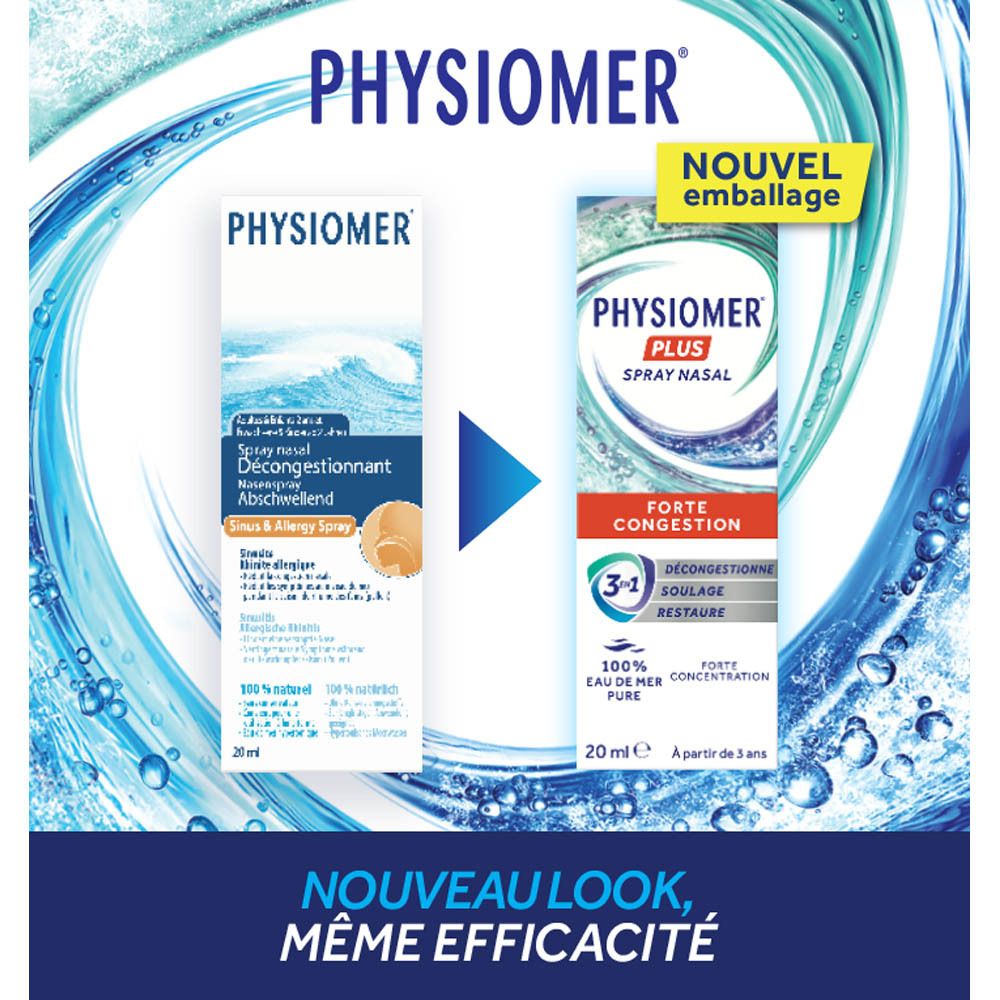 PHYSIOMER Sinus Spray Nasenspray. Inscription française sur flacon blanc.