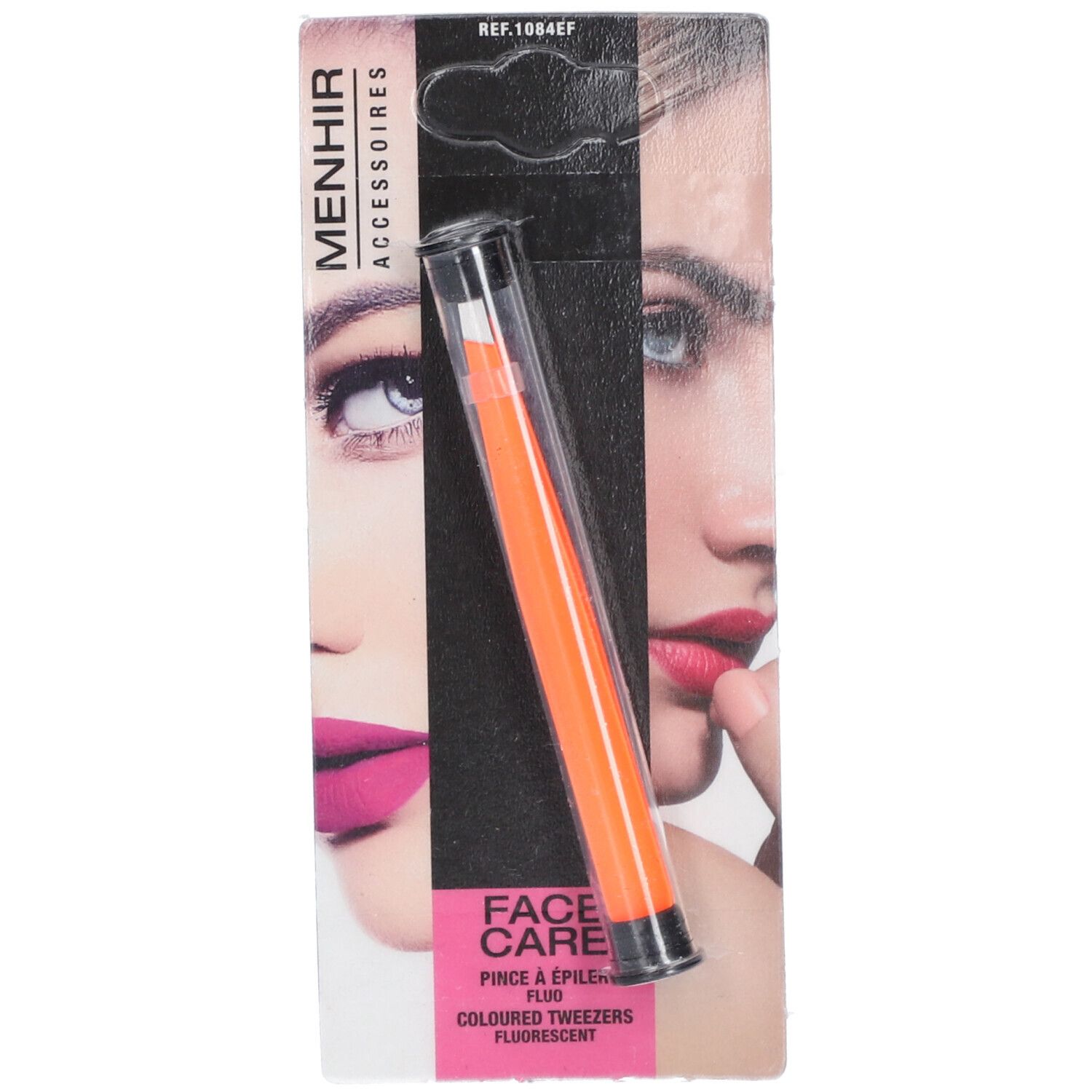 Pince à épiler orange dans un étui transparent. Sur l'emballage: inscription FACE CARE et MENHIR ACCESSOIRES.