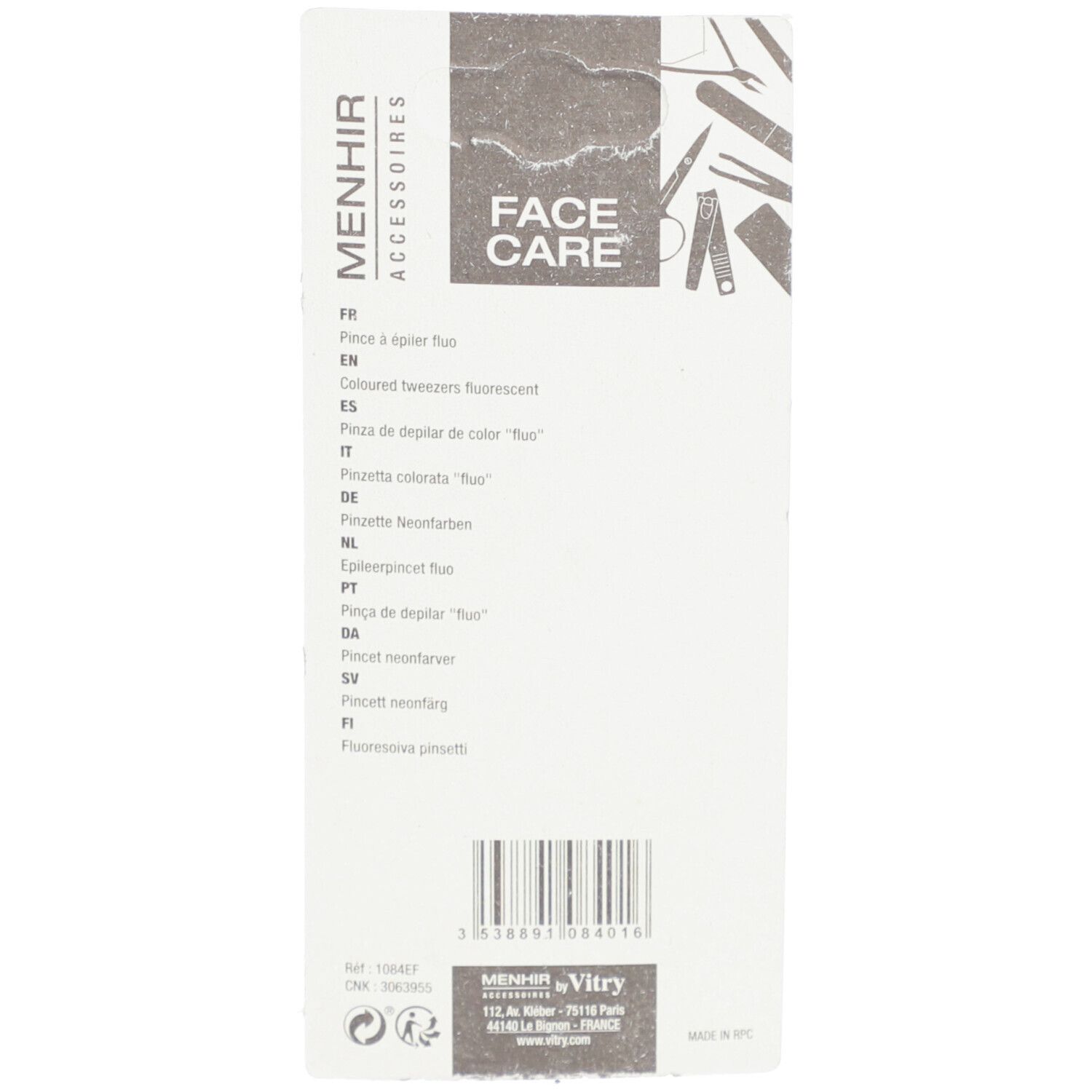 Dos de l'emballage avec informations produit et code-barres. Inscription MENHIR ACCESSOIRES et FACE CARE.