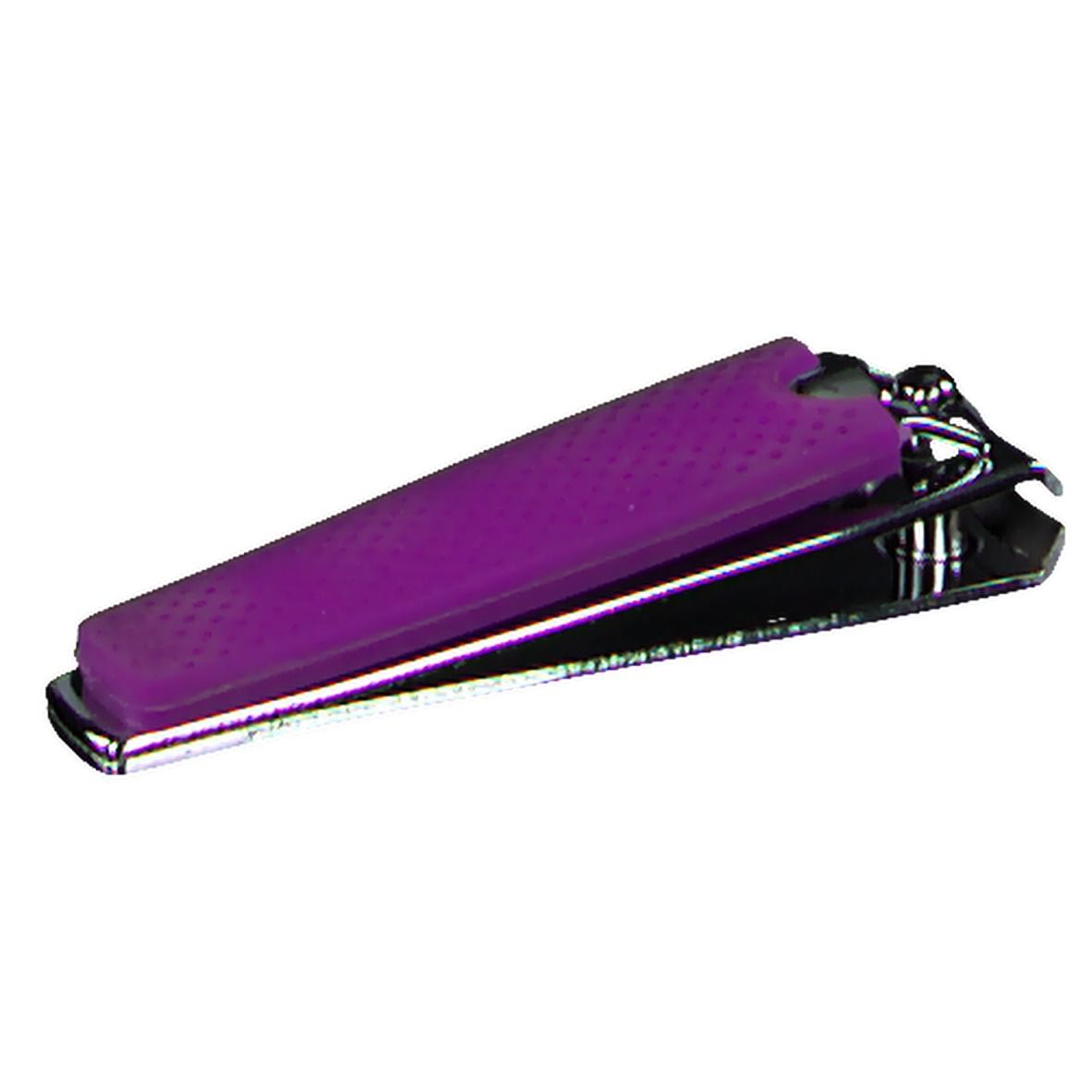 Coupe-ongles avec manche violet. Partie coupante métallique. Manche à motif de points.