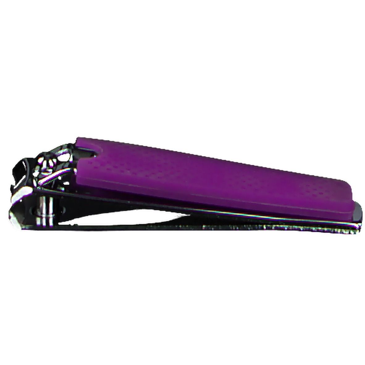 Coupe-ongles avec manche violet. Partie coupante métallique. Manche à motif de points. Vue latérale.