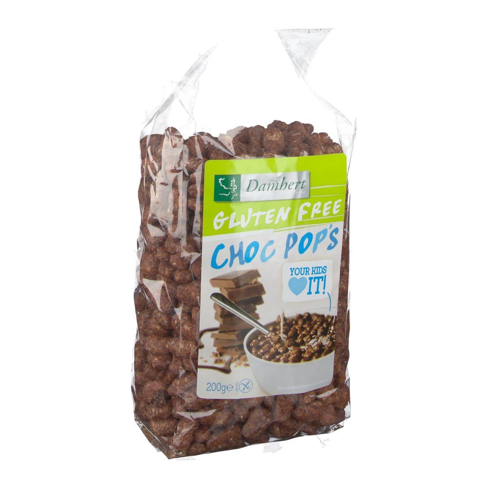 Sachet transparent de Choc Pops sans gluten. Étiquette avec nom du produit, logo et image de barres chocolatées et céréales dans un bol.