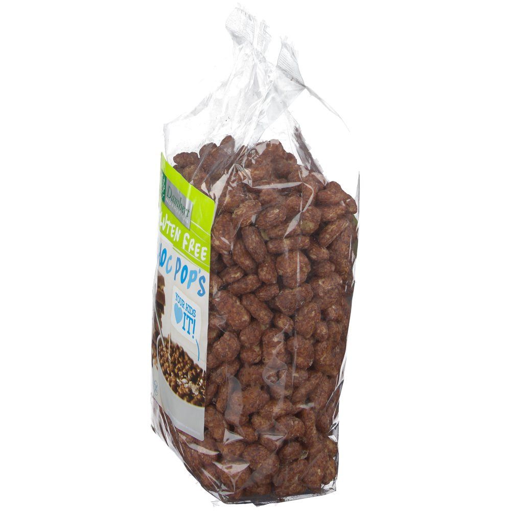 Vue latérale d'un sachet transparent de Choc Pops sans gluten. Le sachet est rempli de céréales brunes de forme irrégulière.