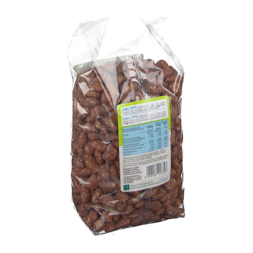 Dos d'un sachet transparent de Choc Pops sans gluten. Étiquette avec informations nutritionnelles et informations sur le produit.
