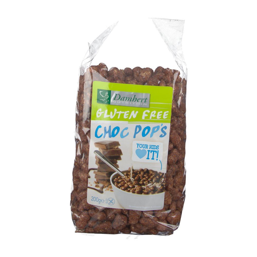 Sachet transparent de Choc Pops sans gluten. Étiquette avec nom du produit, logo et image de barres chocolatées et céréales dans un bol.