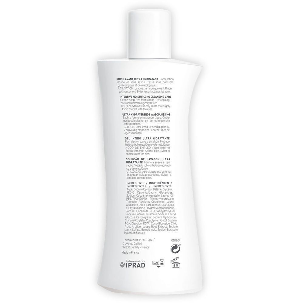 Vue arrière d'un flacon Saforelle blanc. Texte. Informations produit. Ingrédients. 500 ml.