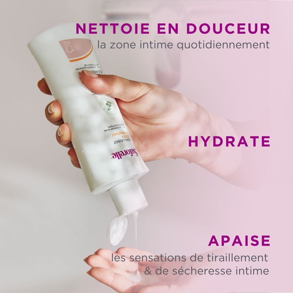 Flacon et emballage Saforelle. Texte: Soin Lavant Ultra Hydratant. Pour sécheresse. 500 ml.