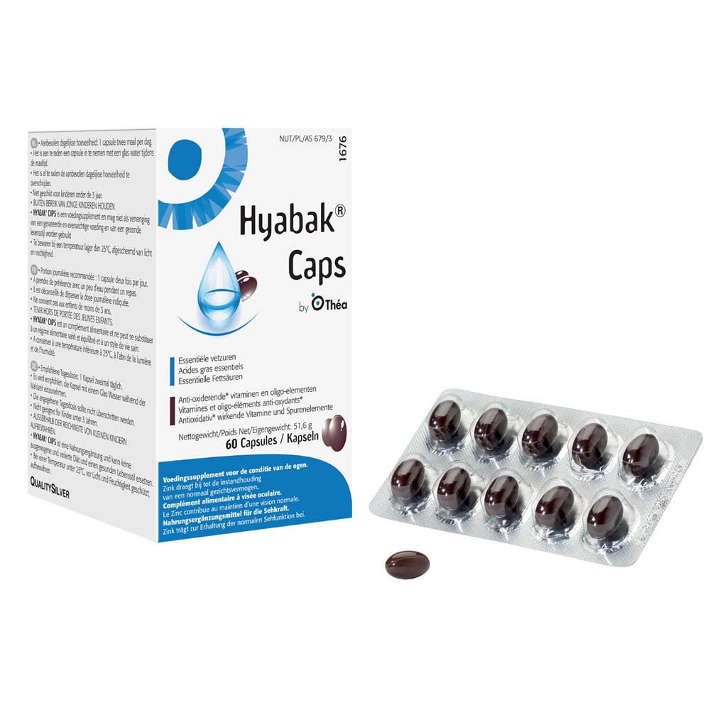 Emballage Hyabak Caps et blister de gélules. Une gélule à côté. 60 gélules.