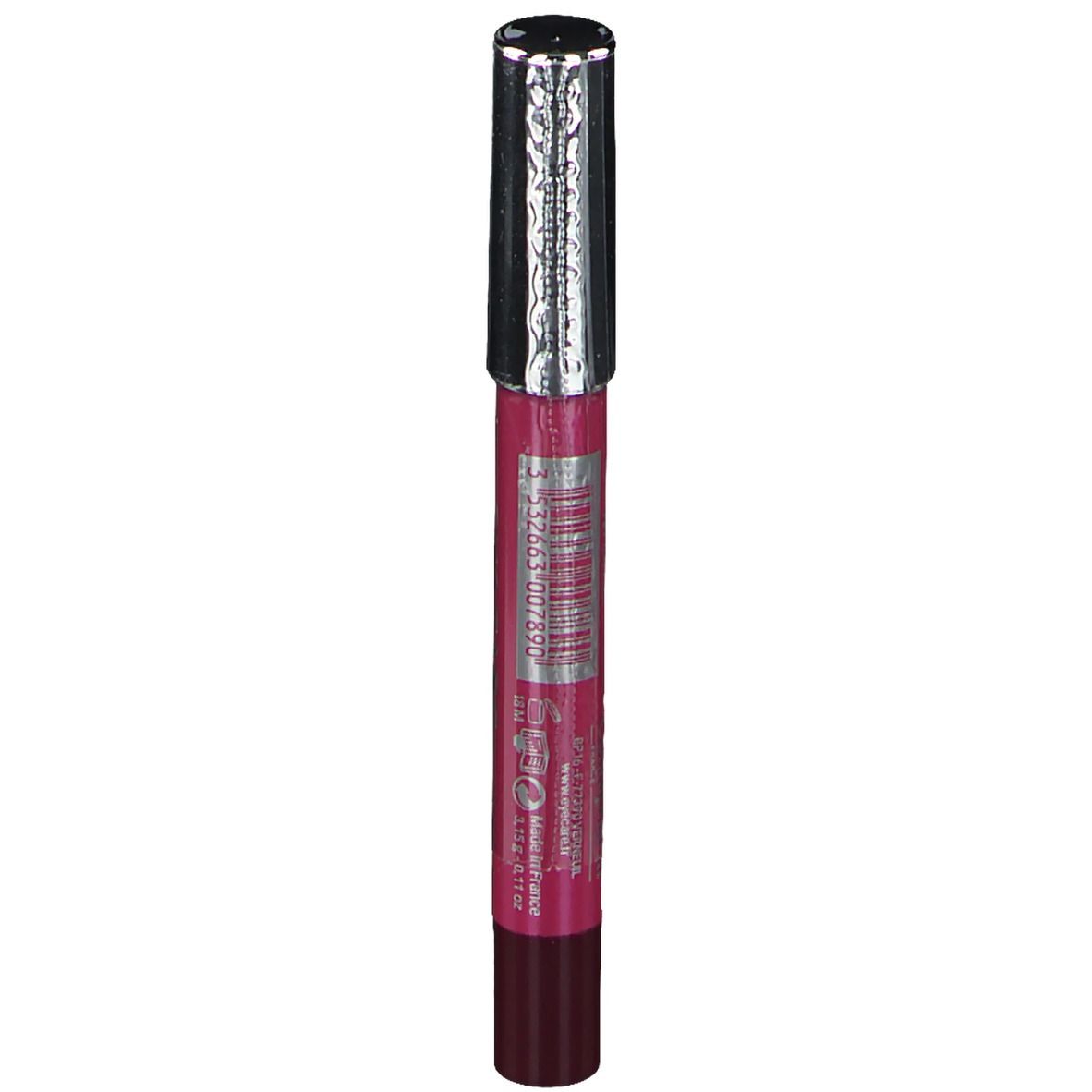 Rouge à lèvres avec capuchon argenté. Inscription EYE CARE. Teinte : Muscat. Code-barres sur le capuchon.