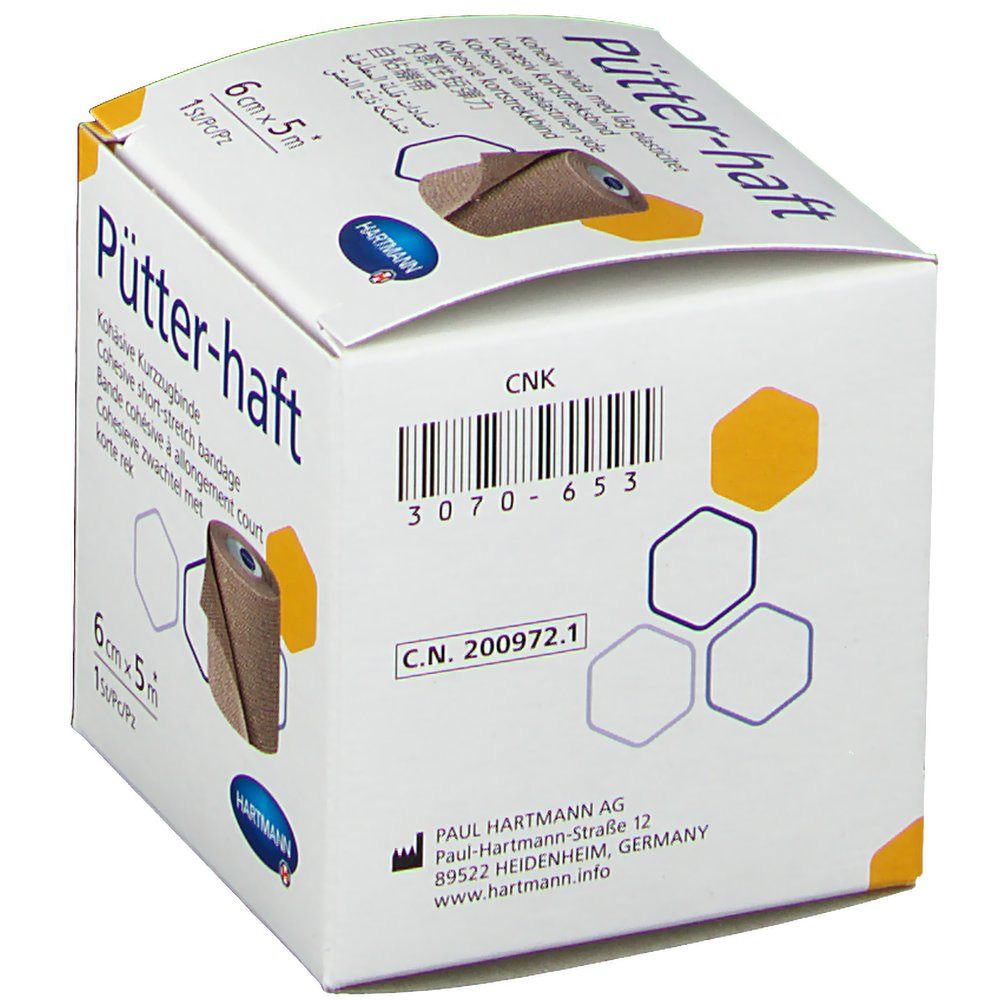 Emballage de Pütter-haft. 6 cm x 5 m. Marque Hartmann. Code-barres et informations sur l'emballage.