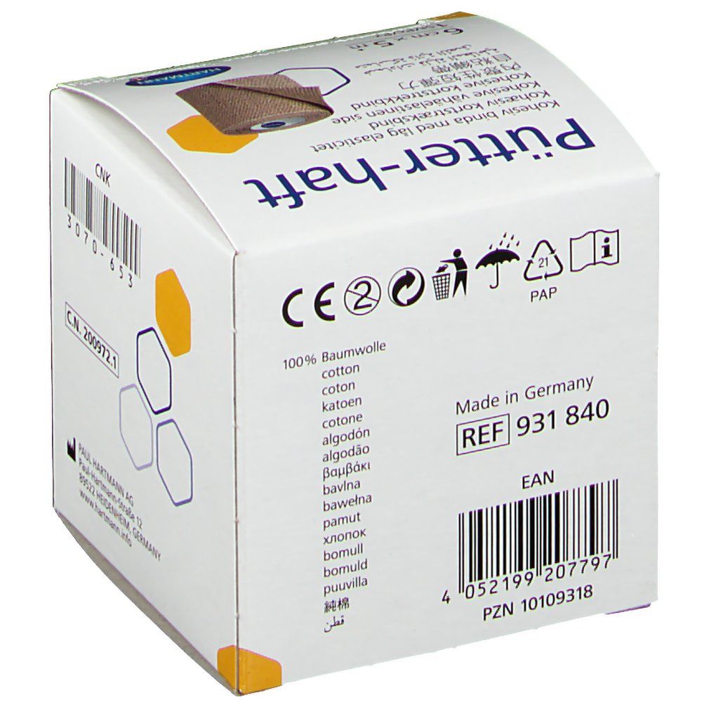 Dos de l'emballage Pütter-haft. Informations produit, marquage CE, indication coton, Fabriqué en Allemagne.