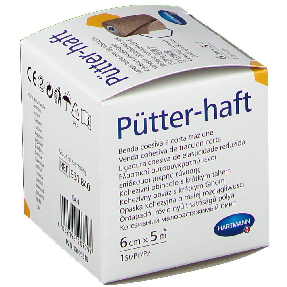 Emballage Pütter-haft. 6 cm x 5 m. Marque Hartmann. Informations produit en plusieurs langues.