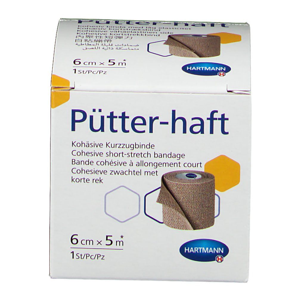 Emballage Pütter-haft. Bande cohésive à allongement court, 6 cm x 5 m. Marque Hartmann. Image du produit.