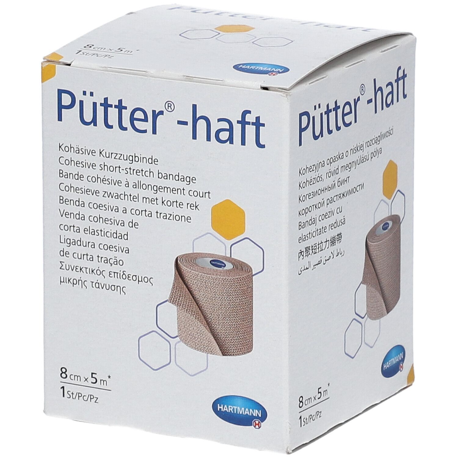 Boîte de Pütter-haft. Bande de compression cohésive. 8 cm x 5 m. Logo Hartmann. Bandage beige visible.