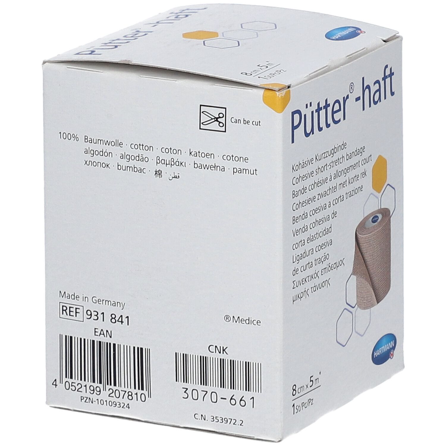 Dos de boîte Pütter-haft. Informations produit. 8 cm x 5 m. Code-barres et référence. Fabriqué en Allemagne.