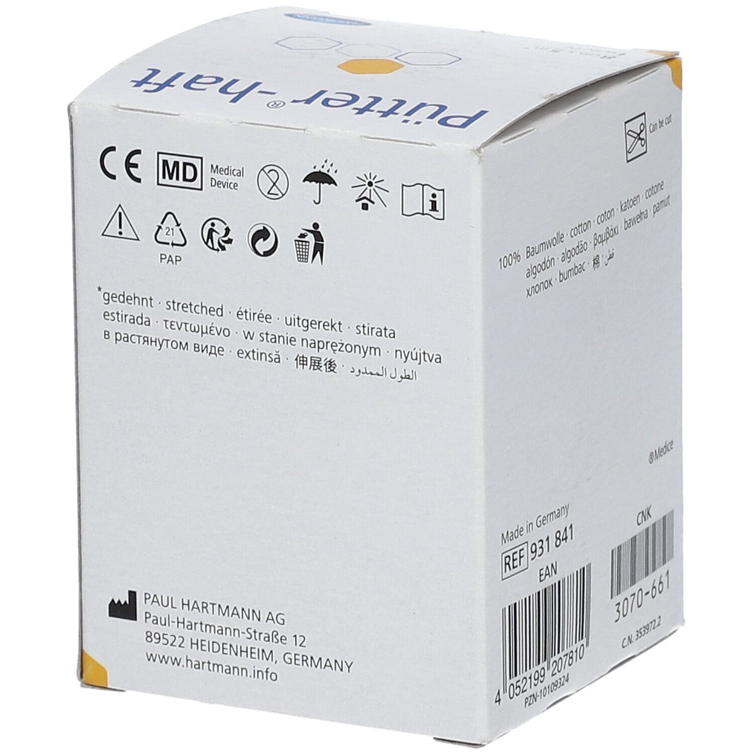 Boîte Pütter-haft, dos. Marquage CE et symboles. Fabricant : Paul Hartmann AG. Fabriqué en Allemagne.