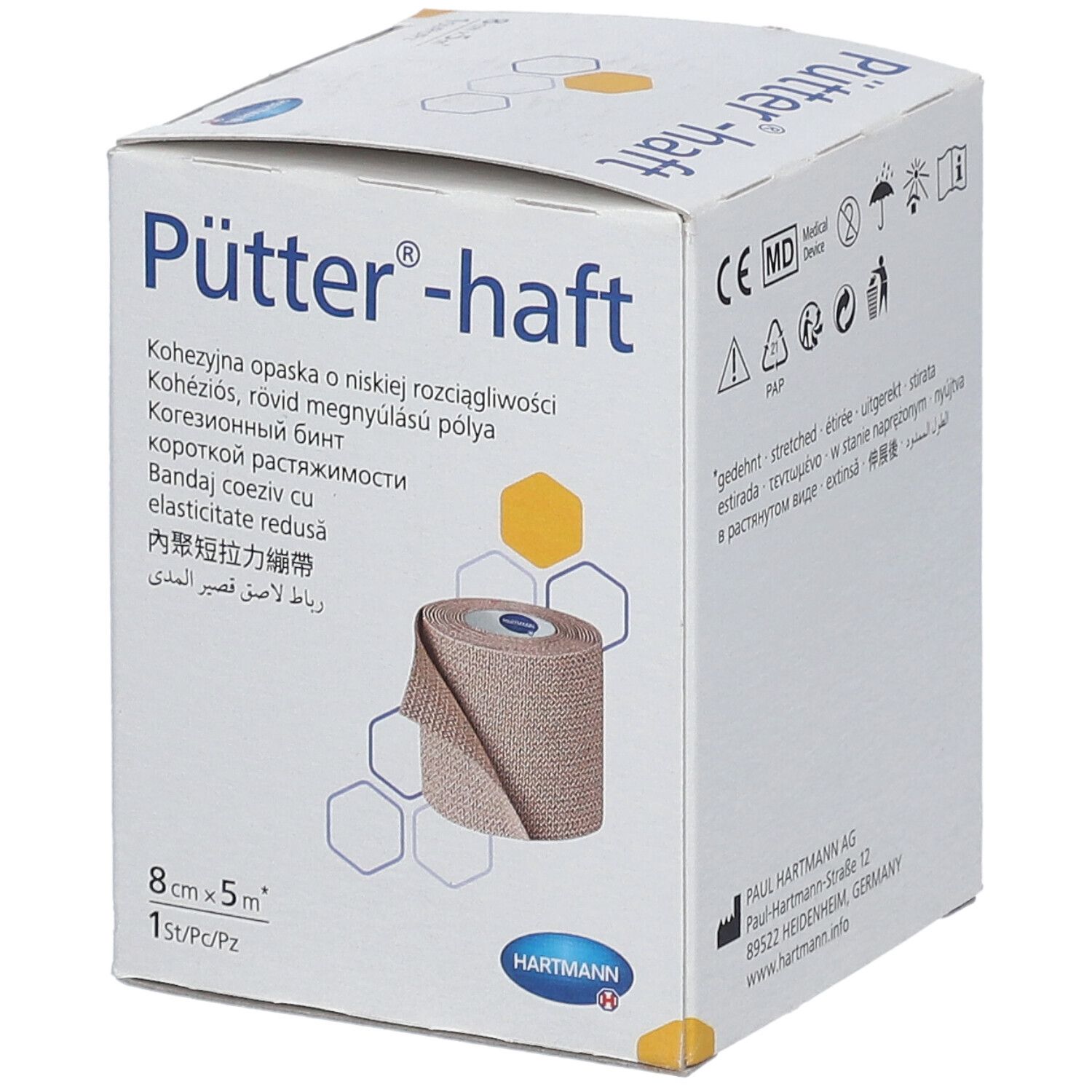 Boîte de Pütter-haft. Bande de compression cohésive. 8 cm x 5 m. Logo Hartmann. Bandage beige visible.