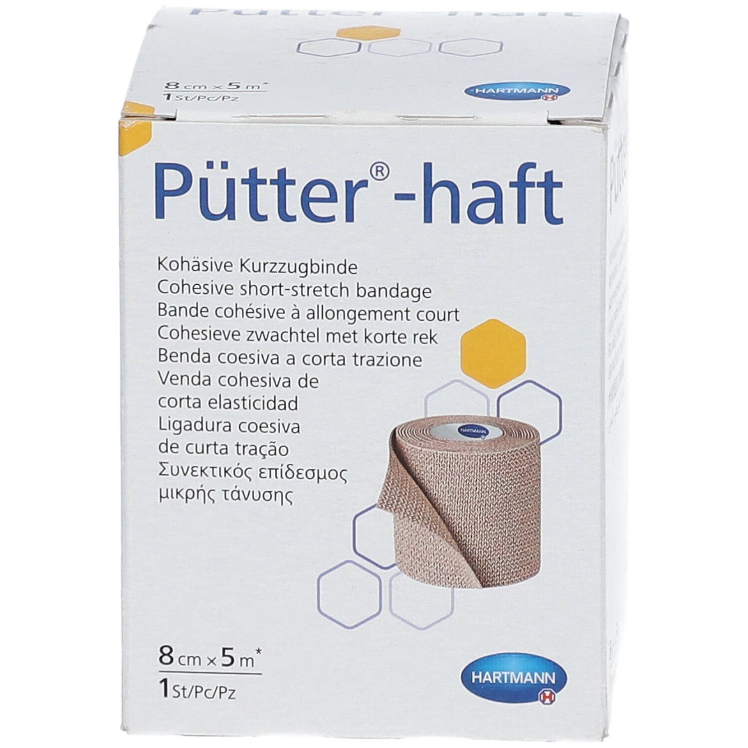 Boîte de Pütter-haft. Bande de compression cohésive. 8 cm x 5 m. Logo Hartmann. Bandage beige visible.