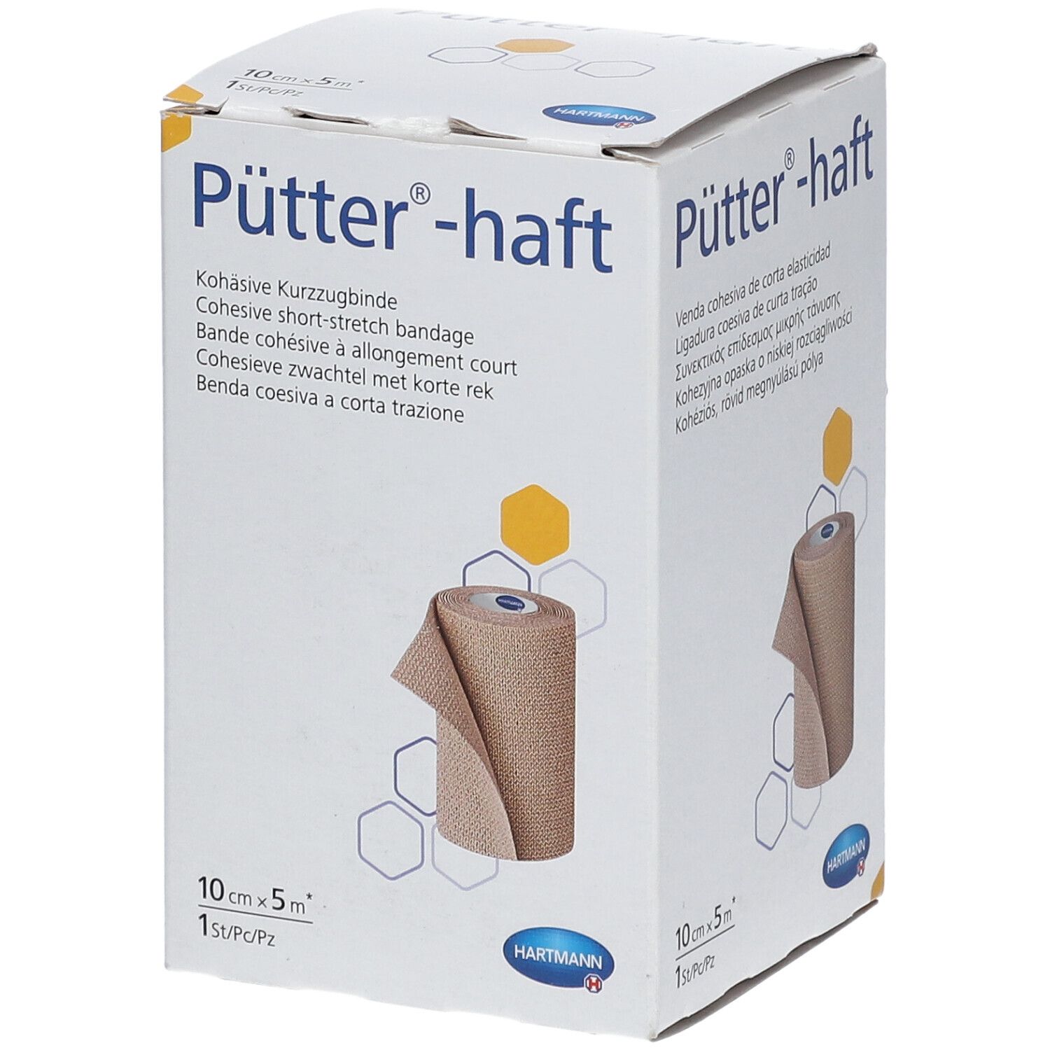 Hartmann Pütter-haft, bandage cohésif à allongement court. Rouleau beige dans emballage blanc. 10cm x 5m. Logo Hartmann.