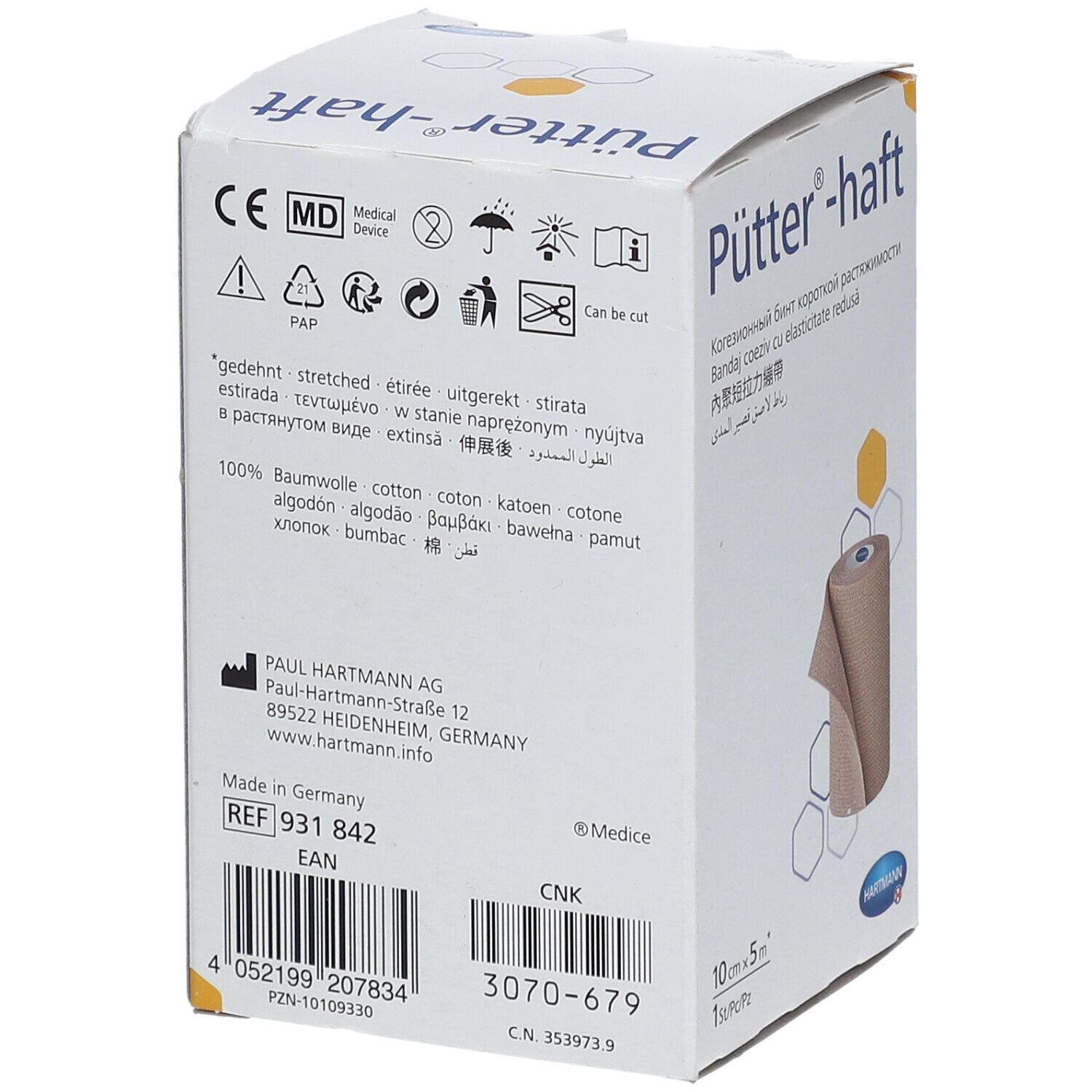 Emballage Hartmann Pütter-haft. Informations produit au dos, marquage CE et adresse fabricant. Code-barres.