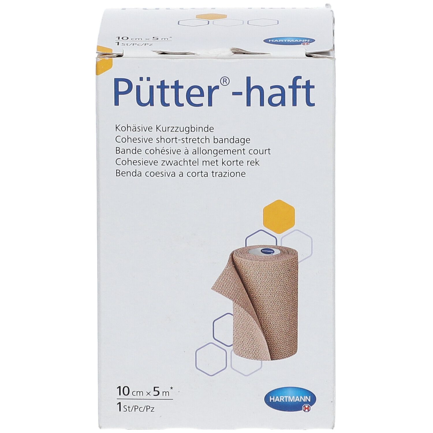 Hartmann Pütter-haft, bandage cohésif à allongement court. Rouleau beige dans emballage blanc. 10cm x 5m. Logo Hartmann.