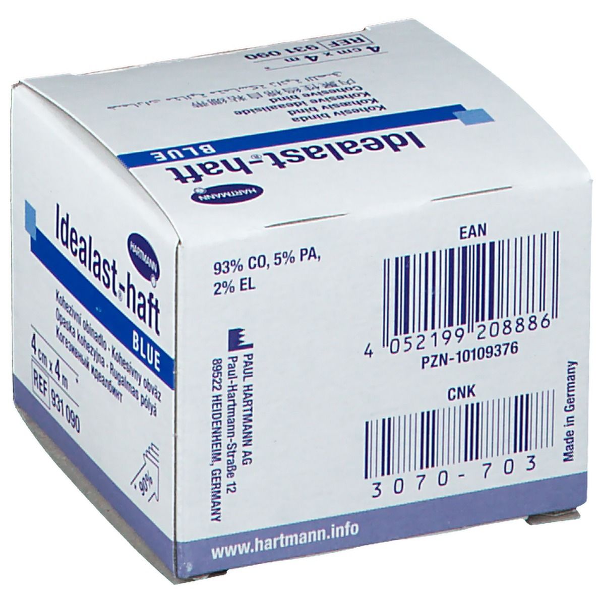 Emballage Idealast-haft bleu, 4 cm x 4 m. Code-barres et informations fabricant. Paul Hartmann AG.