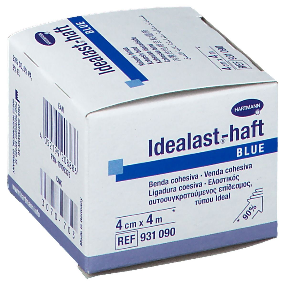 Emballage bleu Idealast-haft, 4 cm x 4 m. Bande cohésive. Hartmann.