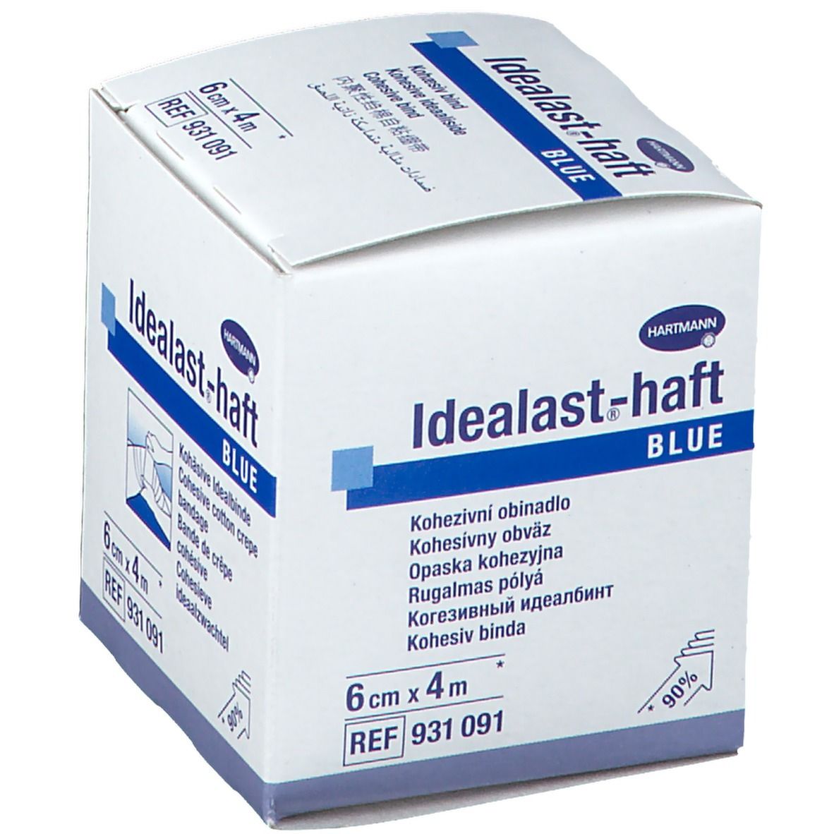 Boîte Hartmann Idealast-haft BLUE, 6cm x 4m. Nom, taille et logo visibles. Emballage blanc.