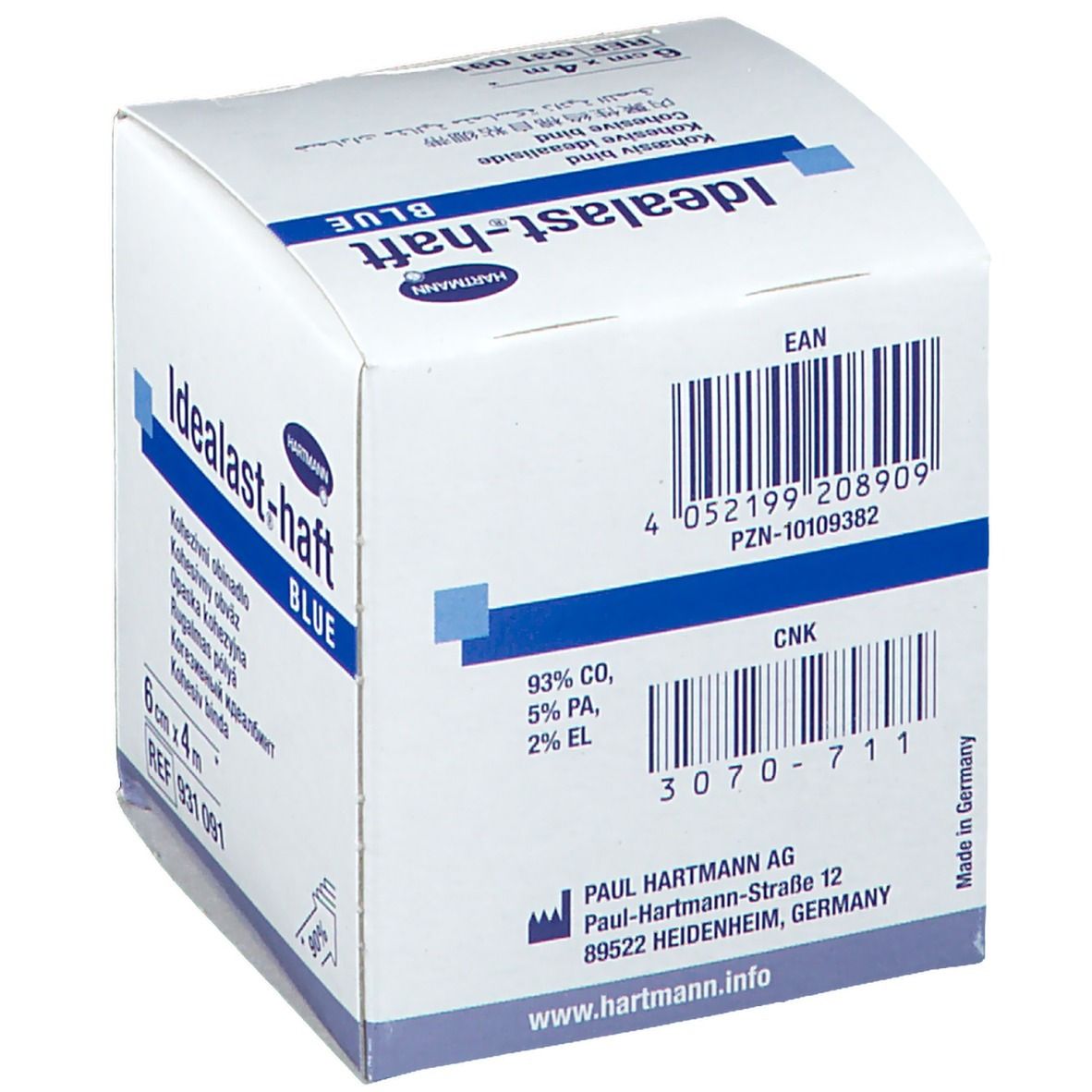 Dos de la boîte Hartmann Idealast-haft BLUE, 6cm x 4m. Code-barres, composition et adresse du fabricant.