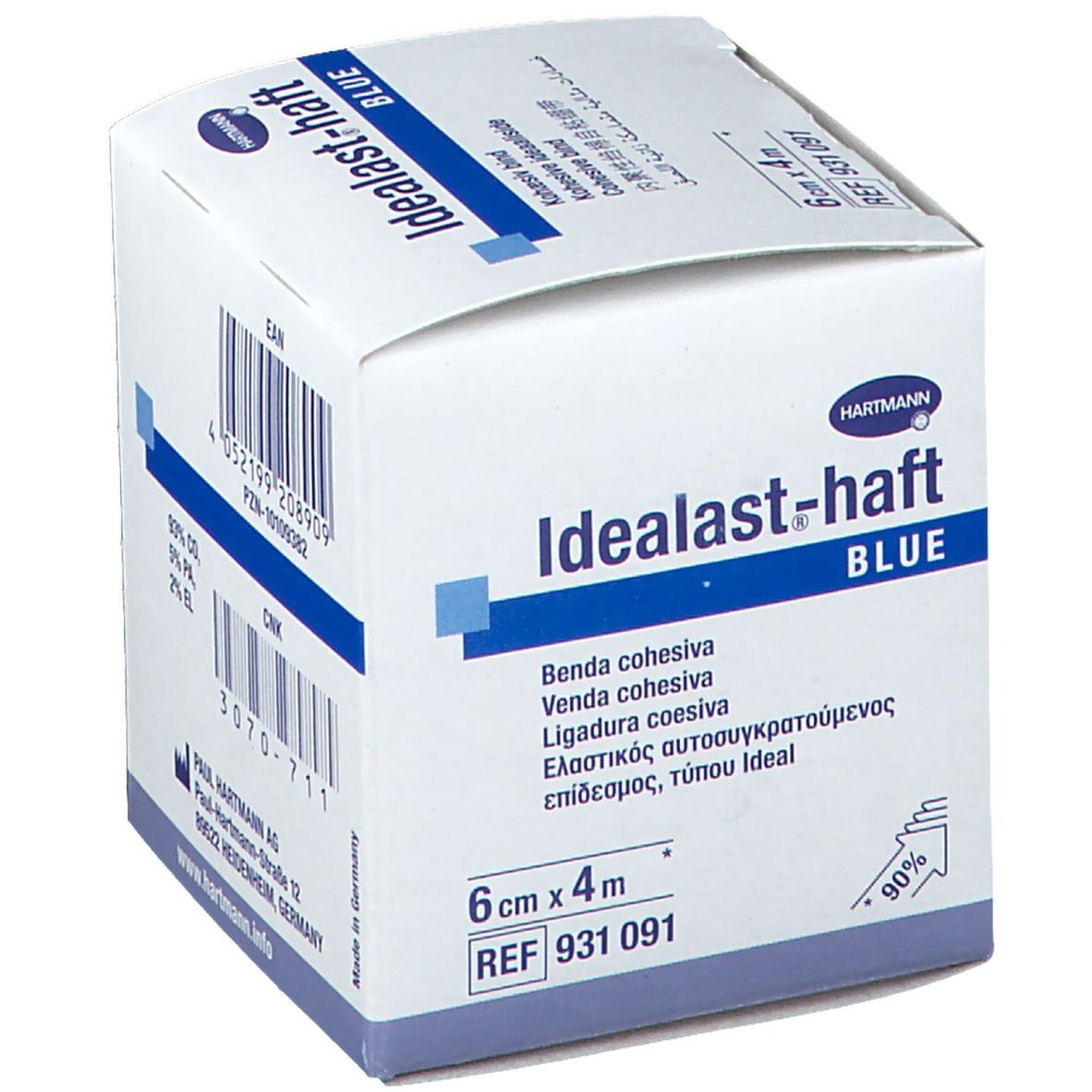 Boîte Hartmann Idealast-haft BLUE, 6cm x 4m. Nom, taille et logo visibles. Emballage blanc.