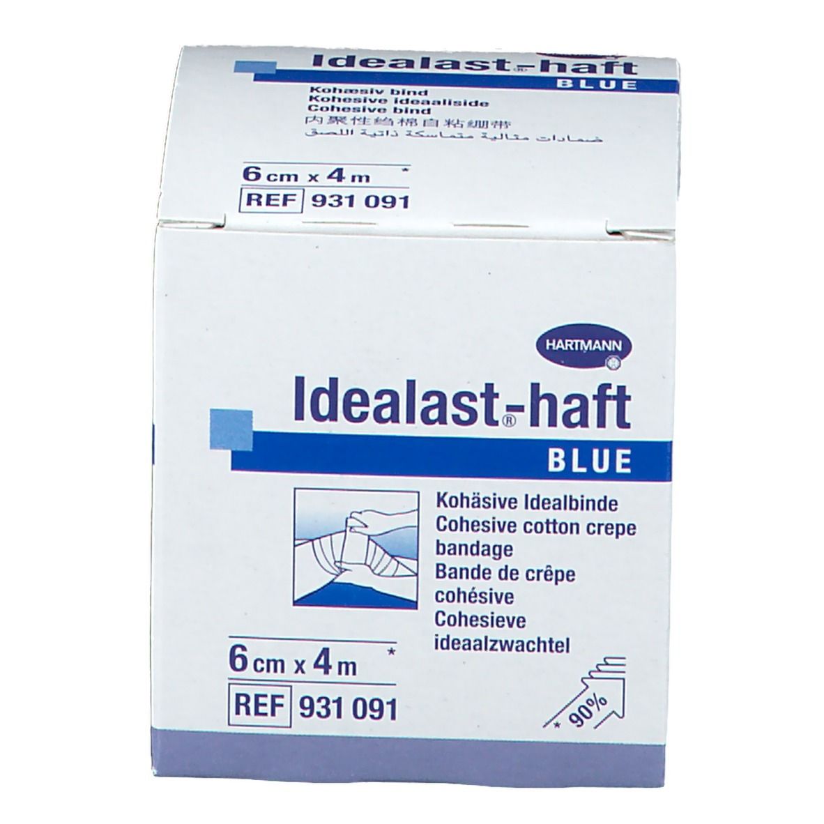Boîte Hartmann Idealast-haft BLUE, 6cm x 4m. Nom, taille et logo visibles. Emballage blanc.