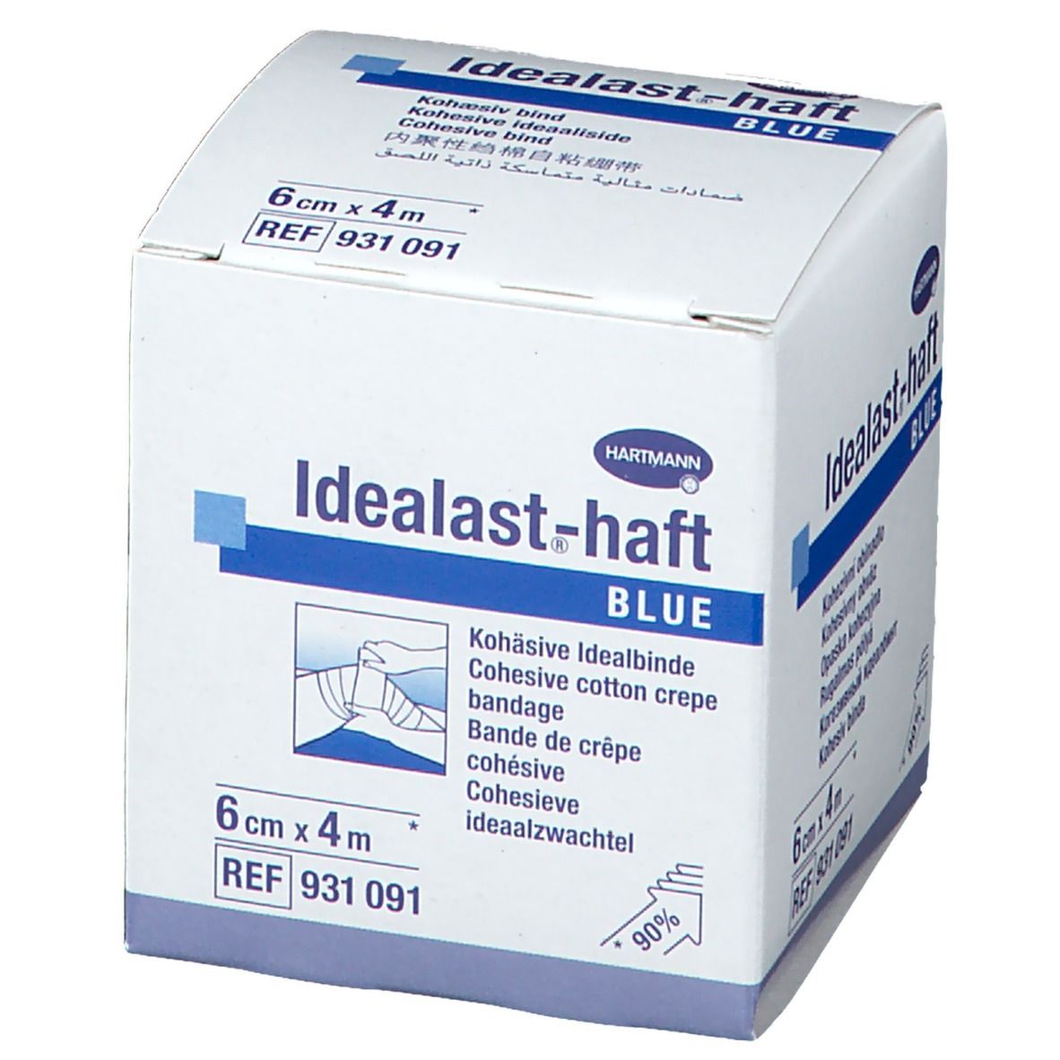 Boîte Hartmann Idealast-haft BLUE, 6cm x 4m. Nom, taille et logo visibles. Emballage blanc.