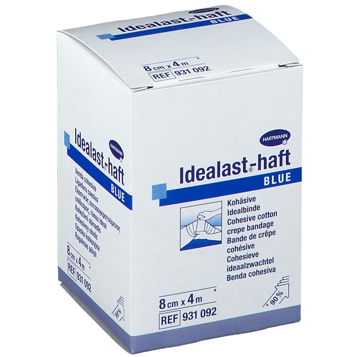 Hartmann Idealast-haft BLUE. Bande de crêpe cohésive. Boîte blanche avec texte bleu et logo. 8cm x 4m. REF 931 092.