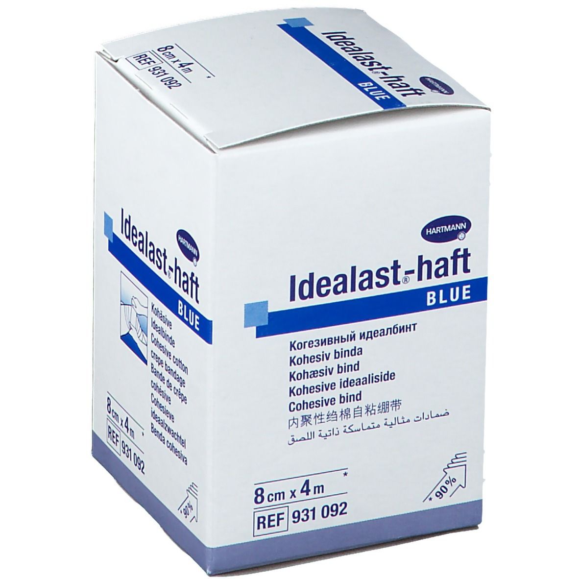 Hartmann Idealast-haft BLUE. Bande de crêpe cohésive. Emballage blanc avec texte bleu. 8cm x 4m. REF 931 092.