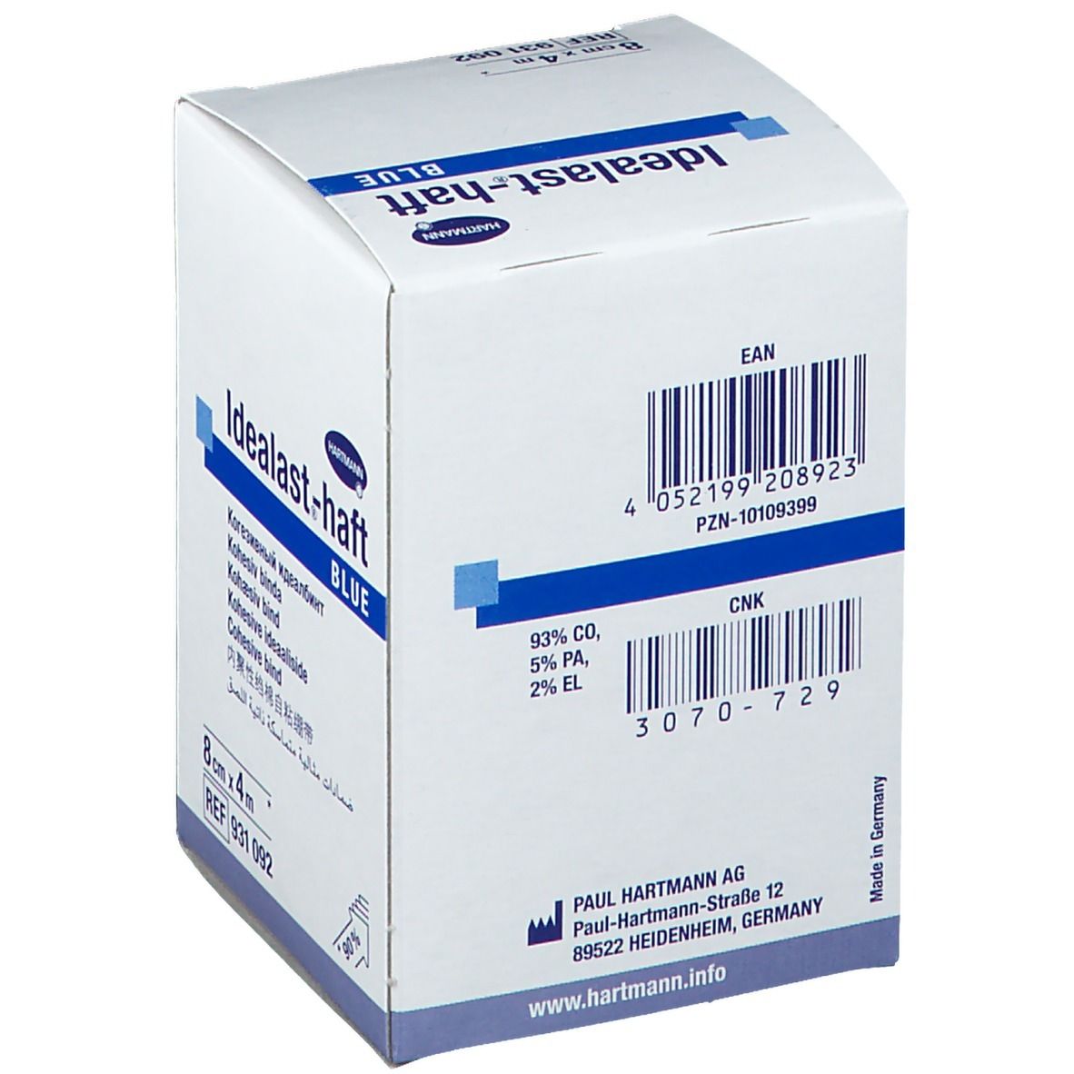 Hartmann Idealast-haft BLUE. Dos de l'emballage. Code-barres, adresse du fabricant. 8cm x 4m. REF 931 092. Fabriqué en Allemagne.