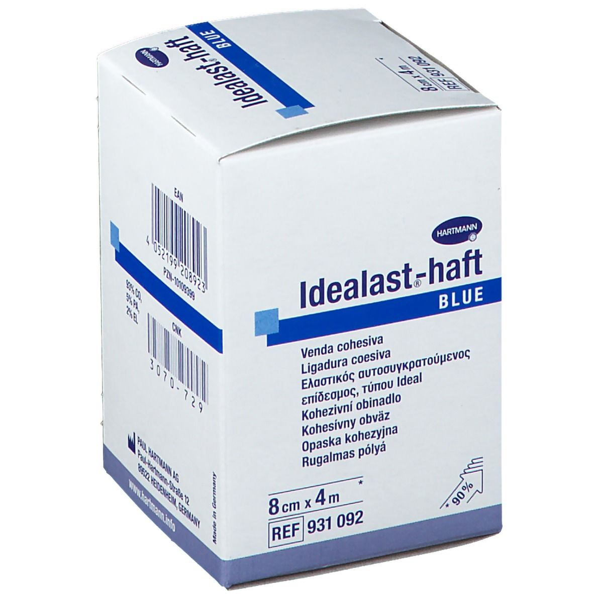 Hartmann Idealast-haft BLUE. Bande de crêpe cohésive. Emballage blanc avec texte bleu. 8cm x 4m. REF 931 092.
