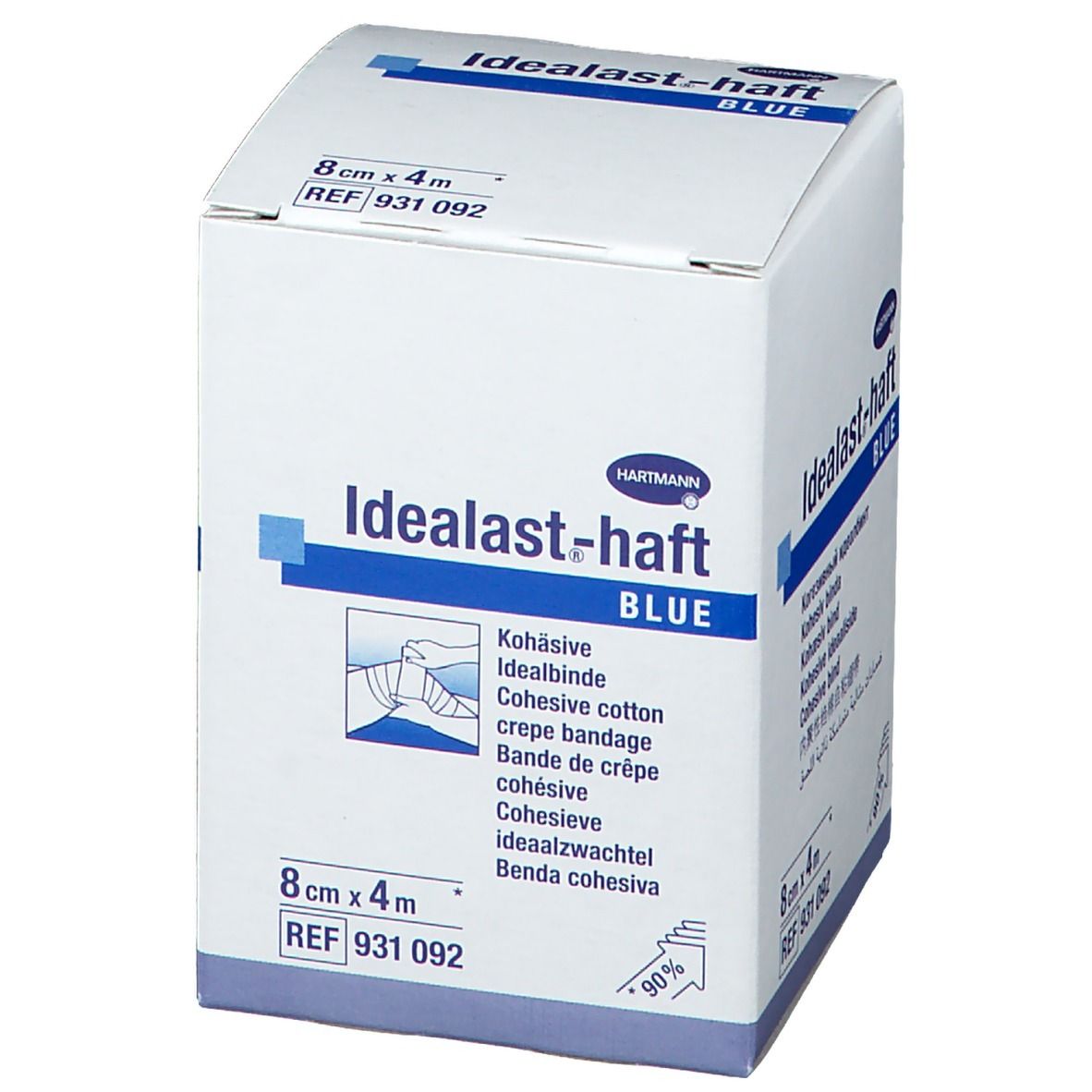 Hartmann Idealast-haft BLUE. Bande de crêpe cohésive. Boîte blanche avec texte bleu et logo. 8cm x 4m. REF 931 092.