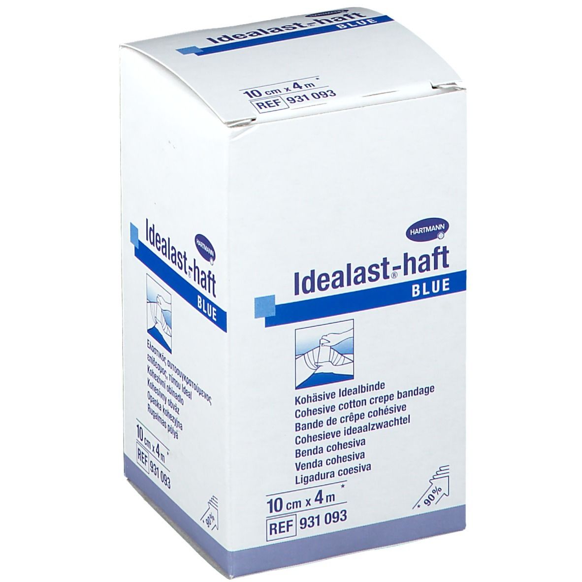 Boîte Hartmann Idealast-haft BLUE, 10cm x 4m. Bande cohésive. Emballage bleu et blanc avec informations produit.