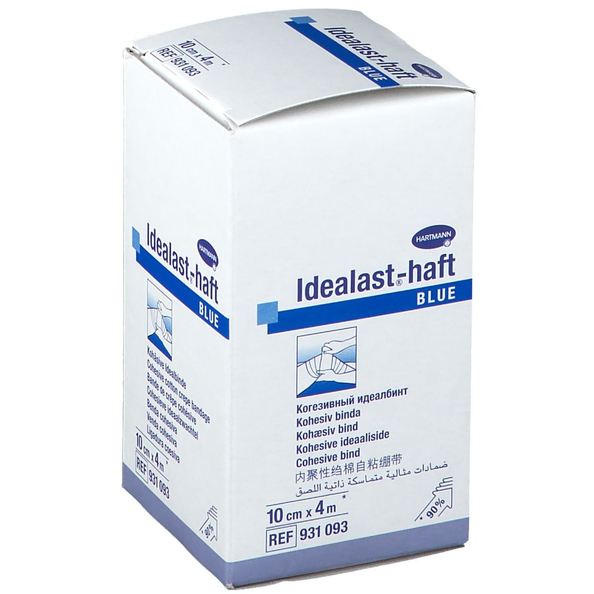 Boîte Hartmann Idealast-haft BLUE, 10cm x 4m. Bande cohésive. Informations multilingues sur l'emballage.