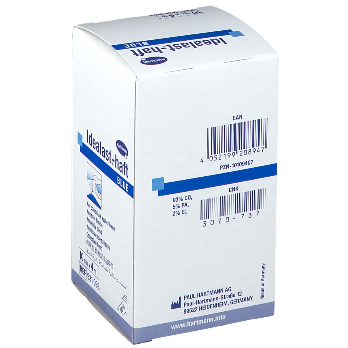 Boîte Hartmann Idealast-haft BLUE, 10cm x 4m. Verso de la boîte avec code-barres et informations fabricant.