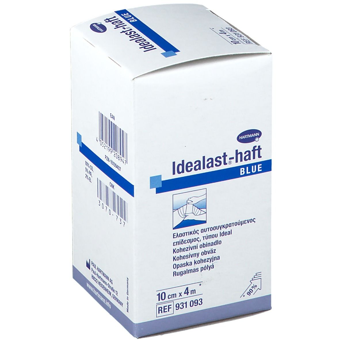 Boîte Hartmann Idealast-haft BLUE, 10cm x 4m. Bande cohésive. Informations multilingues sur l'emballage.