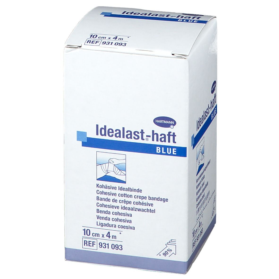 Boîte Hartmann Idealast-haft BLUE, 10cm x 4m. Bande cohésive. Emballage bleu et blanc avec informations produit.