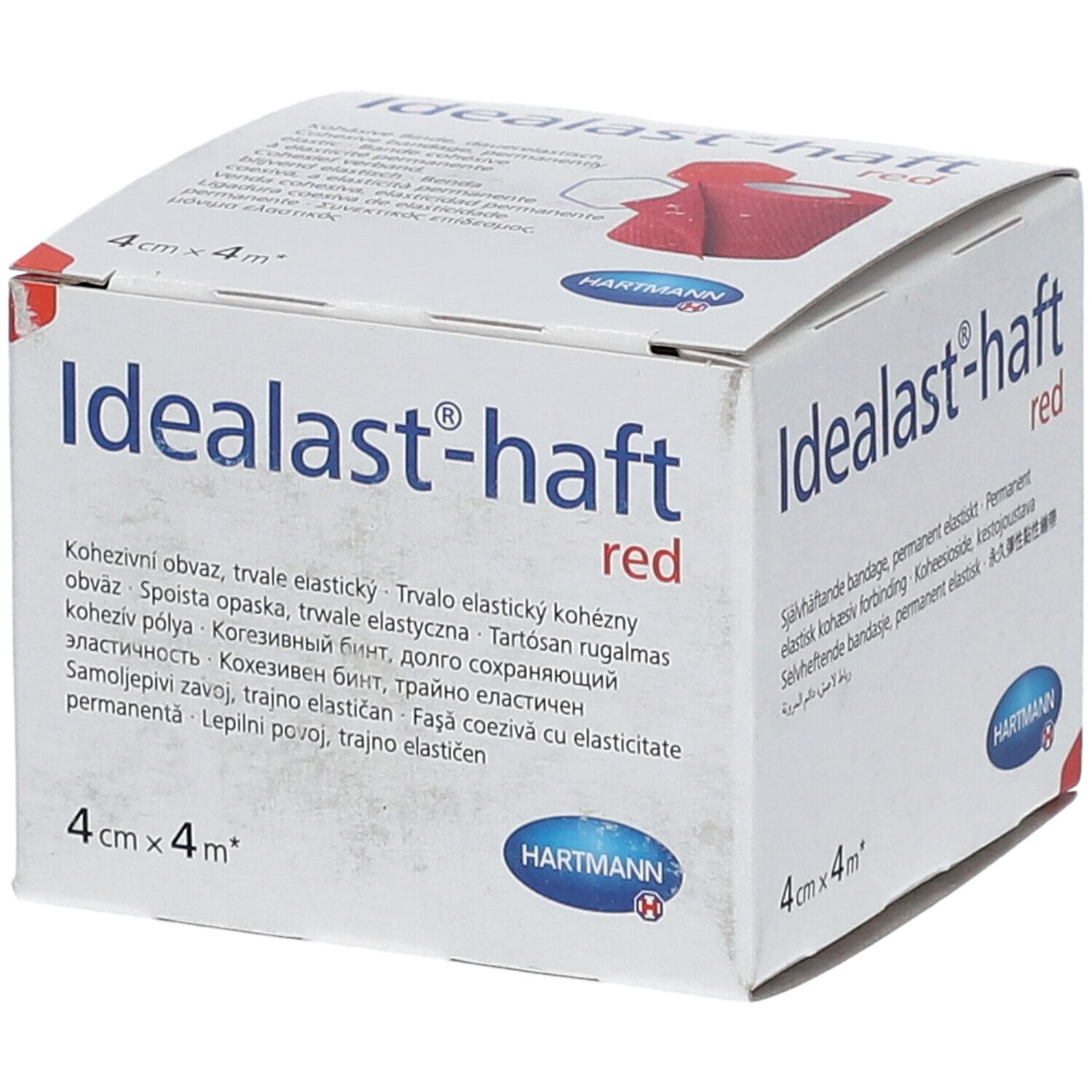 Boîte Hartmann Idealast-haft red, 4cm x 4m. Nom du produit et logo. Bandage rouge illustré.