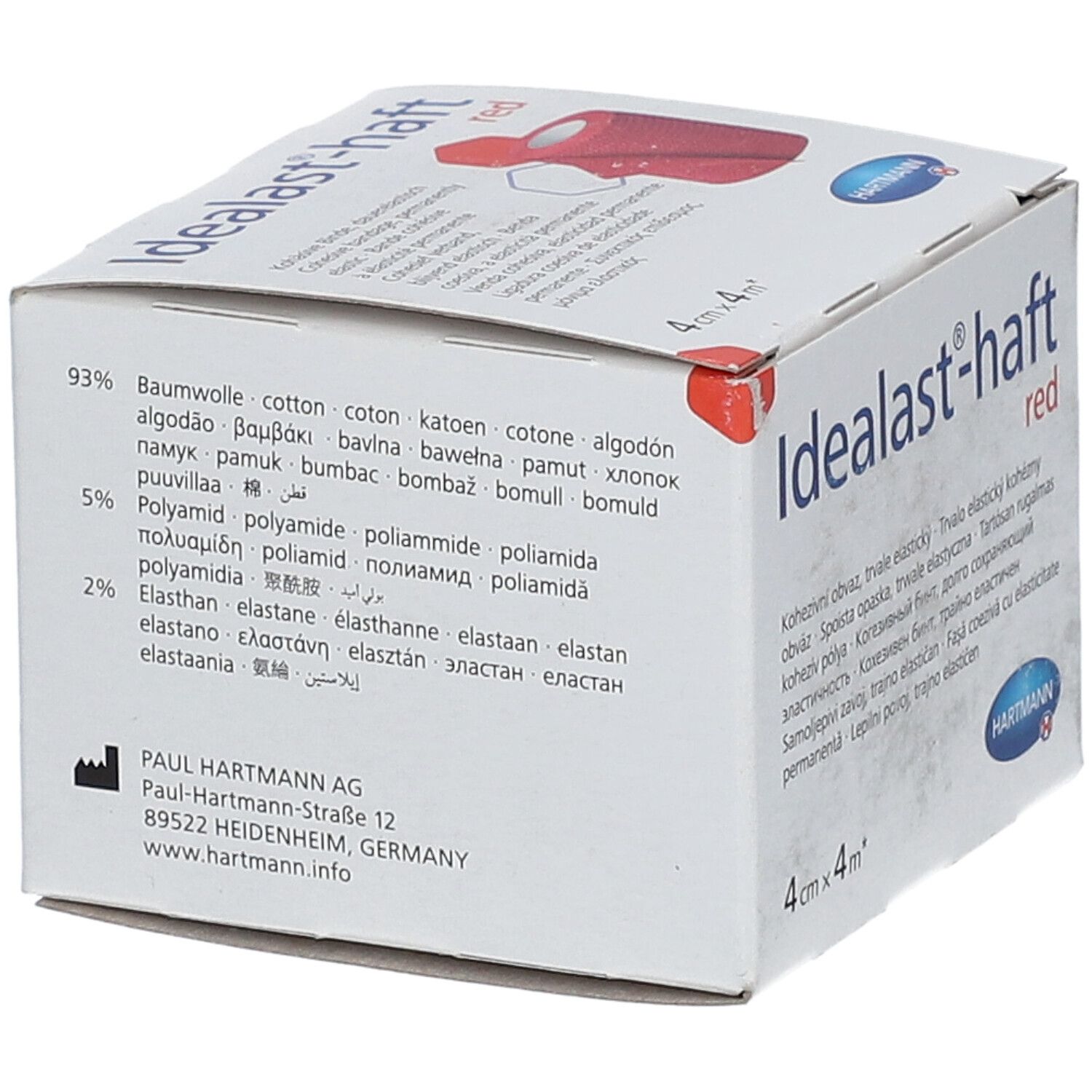 Boîte Hartmann Idealast-haft red, 4cm x 4m. Ingrédients. Nom du produit et logo.