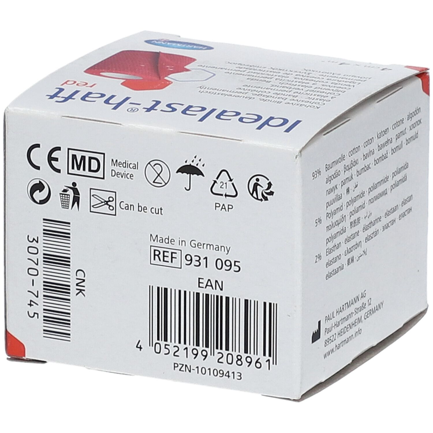 Boîte Hartmann Idealast-haft red, 4cm x 4m. Informations produit, marquage CE et code-barres.