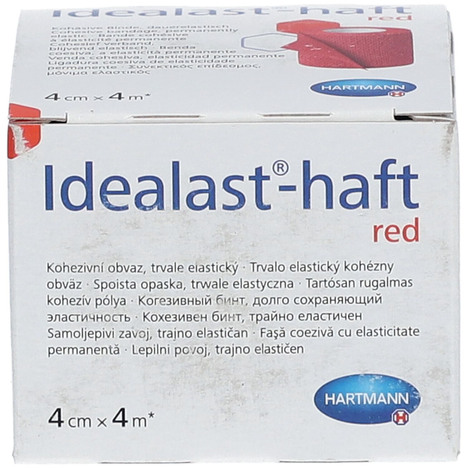 Boîte Hartmann Idealast-haft red, 4cm x 4m. Nom, logo et taille du produit.